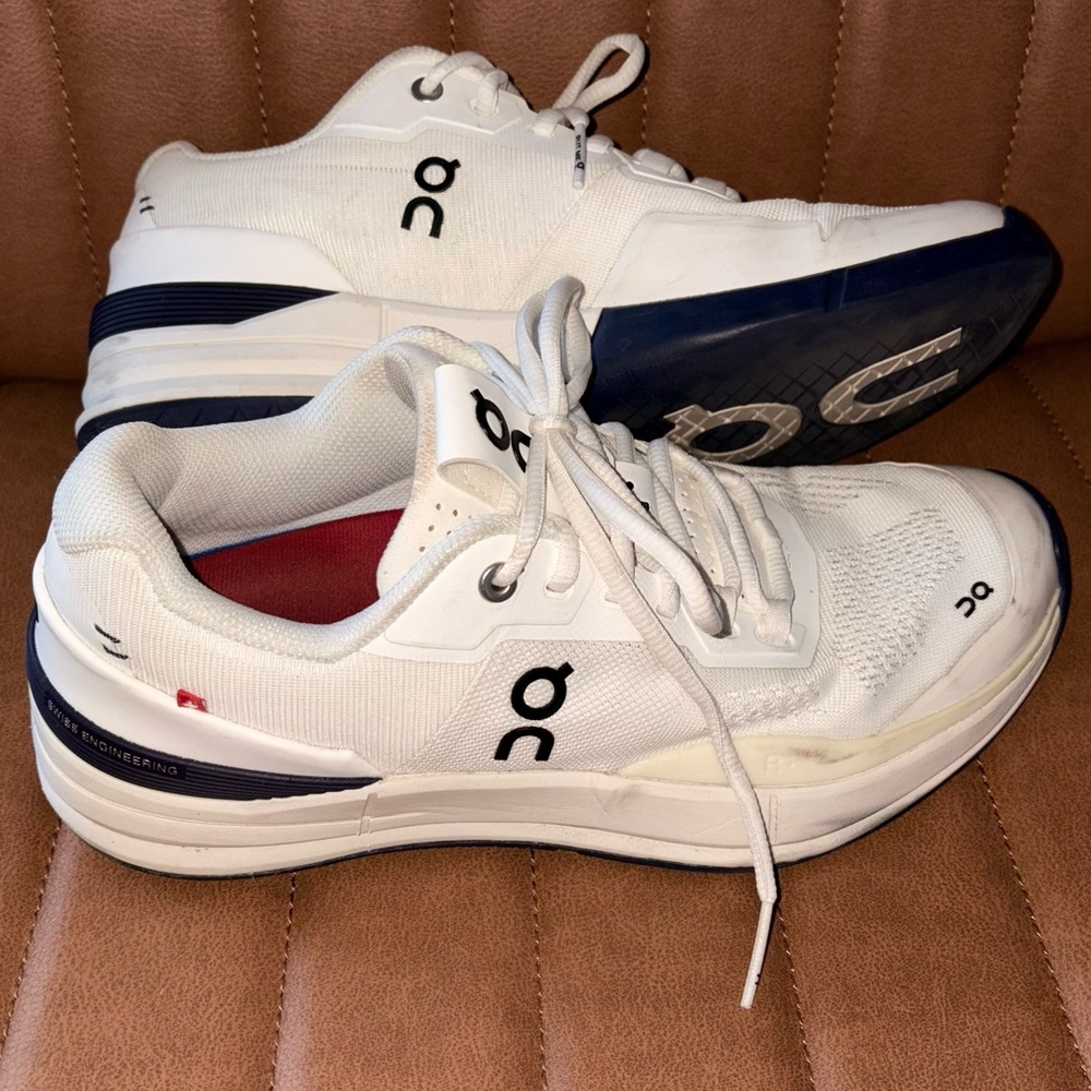 On Running White and Navy Athletic Shoes